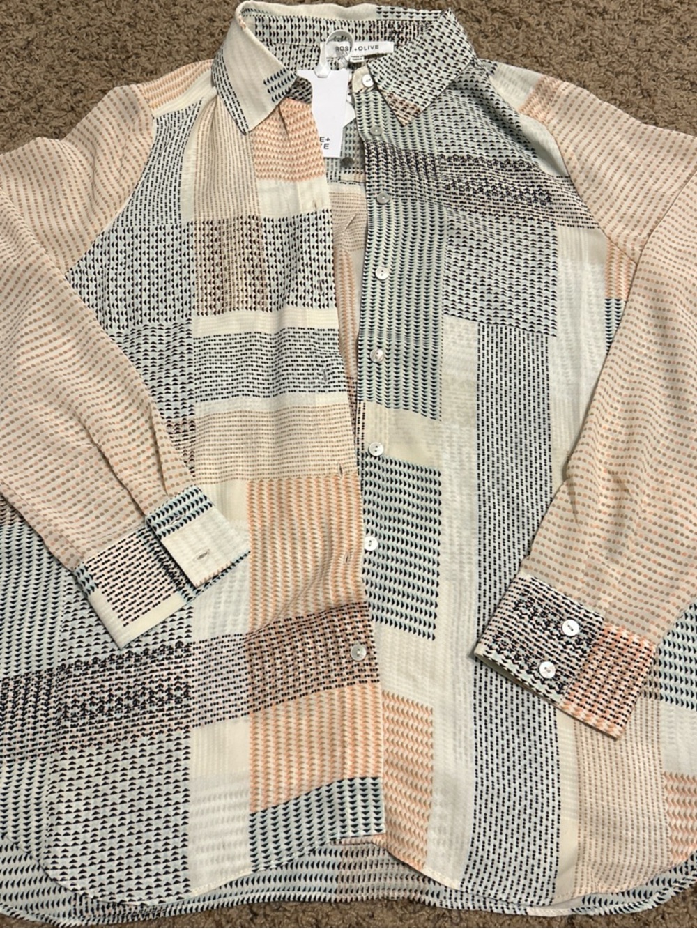 Rose & Olive Patchwork-Print Button-Down Shirt - Beige Peach Multi